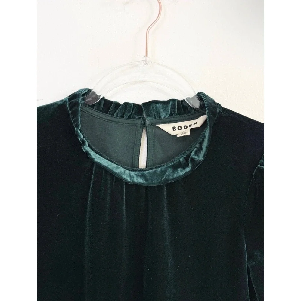 Boden Velvet Frill Neck Top Dark Green Long Sleeve Size US 4 UK 8